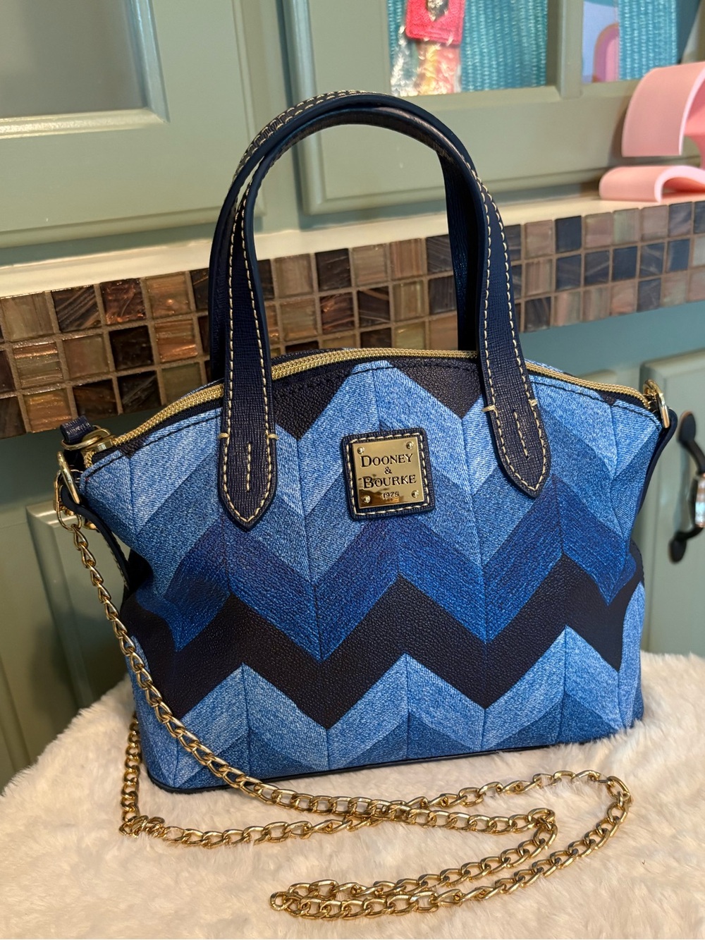 Dooney & Bourke Mini Blue Chevron Satchel with Gold Chain Strap